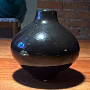 Austin Black Glossy Ceramic Bud Vase, Signed A, Abstract Art Pottery 5x6"